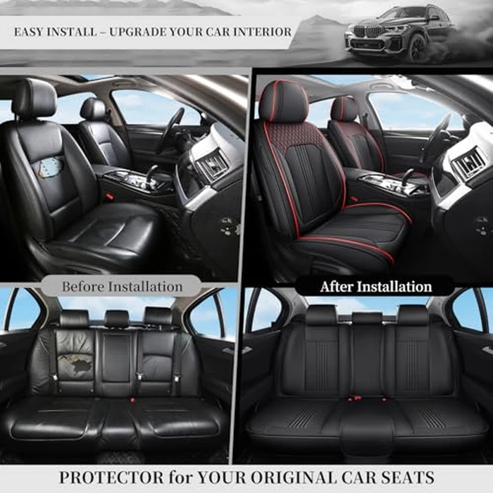 Car Seat Covers Full Set, Premium Leather Car Seat Protector, Breathable Anti-Slip Full Wrapping Edge Seat Covers, Universal Fit for Most Sedans,SUVs,Mid-Size Trucks (Black&Red Line,Full Set) by FaiFani - Image 5