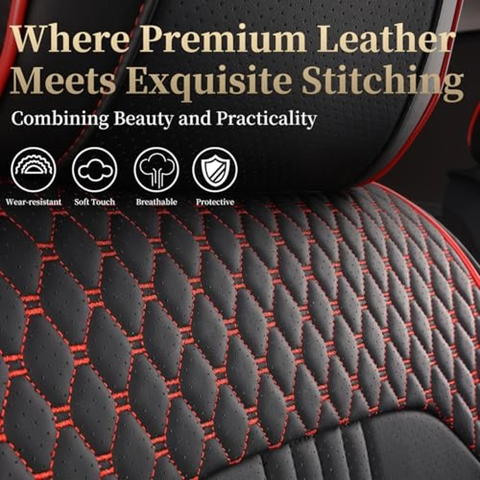 Car Seat Covers Full Set, Premium Leather Car Seat Protector, Breathable Anti-Slip Full Wrapping Edge Seat Covers, Universal Fit for Most Sedans,SUVs,Mid-Size Trucks (Black&Red Line,Full Set) by FaiFani - Image 6