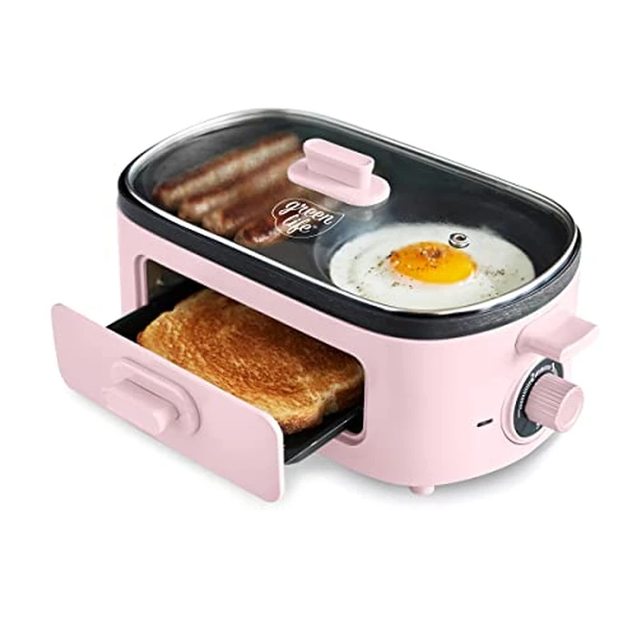 GreenLife 3-in-1 Breakfast Maker Station, Healthy Ceramic Nonstick Dual Griddles for Eggs Meat Sausage Bacon Pancakes and Breakfast Sandwiches, 2 Slice Toast Drawer, Easy-to-use Timer, Pink by GreenLife - Image 1