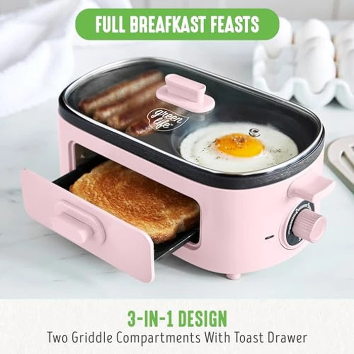 GreenLife 3-in-1 Breakfast Maker Station, Healthy Ceramic Nonstick Dual Griddles for Eggs Meat Sausage Bacon Pancakes and Breakfast Sandwiches, 2 Slice Toast Drawer, Easy-to-use Timer, Pink by GreenLife - Image 5