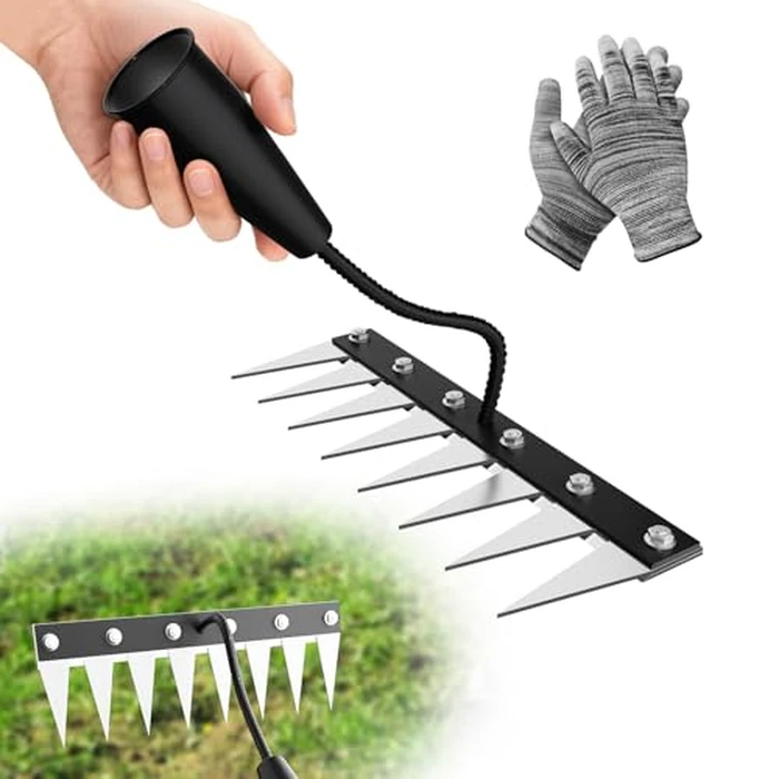 Iron Weeding Rake Without Handle (Assembled), 8 Teeth Iron Rakes for Gardening and Weedings, Heavy-Duty Carbon Steel Weed Rake or Weed Puller Tool for Yard, Lawn, Patio and Garden, Gloves Included by Dikutar - Used - Like New condition - US$17.81