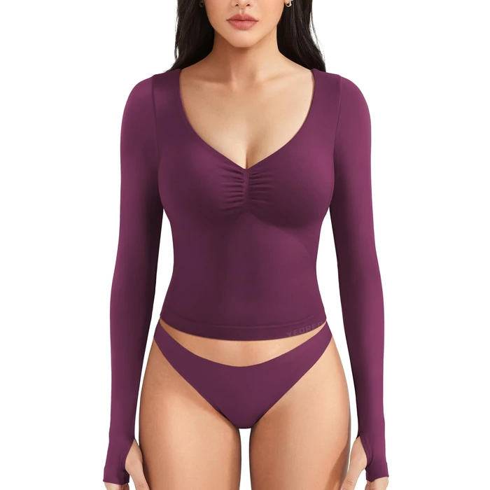 YEOREO Long Sleeve Workout Tops for Women Padded Deep V Neck Double Lined Impact Tops Agniee Slim Fit Gym Athletic Shirts Black Cherry M by YEOREO - Image 1