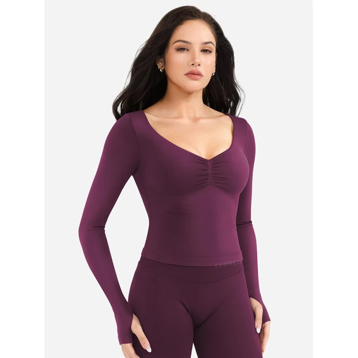 YEOREO Long Sleeve Workout Tops for Women Padded Deep V Neck Double Lined Impact Tops Agniee Slim Fit Gym Athletic Shirts Black Cherry M by YEOREO - Image 4