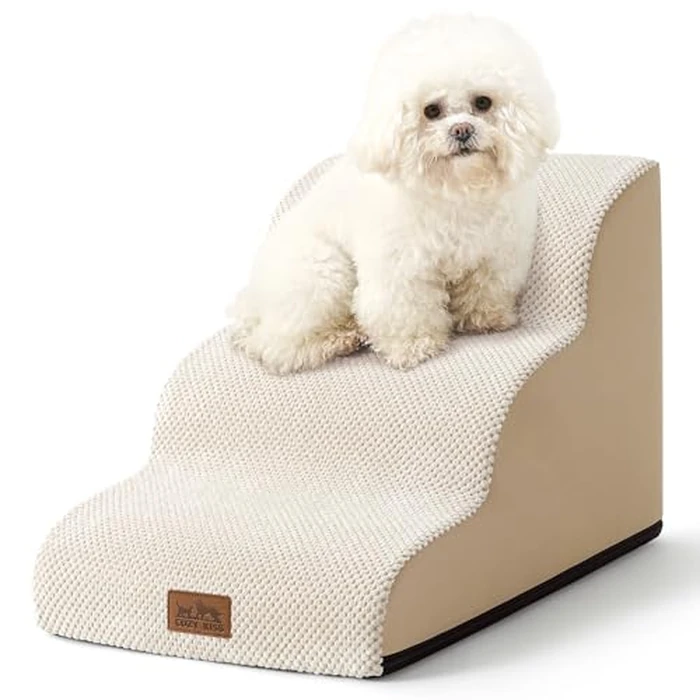 COZY KISS Dog Stairs for Small Dogs 15.7" H, Curved Dog Step for Puppy, Older Cat, Medium Pet Ramp for Sofa, Couch or Chair, Ladder with High Density Foam, 3 Step, 15.7x22.4x15.7 inch, Beige by COZY KISS - Image 1