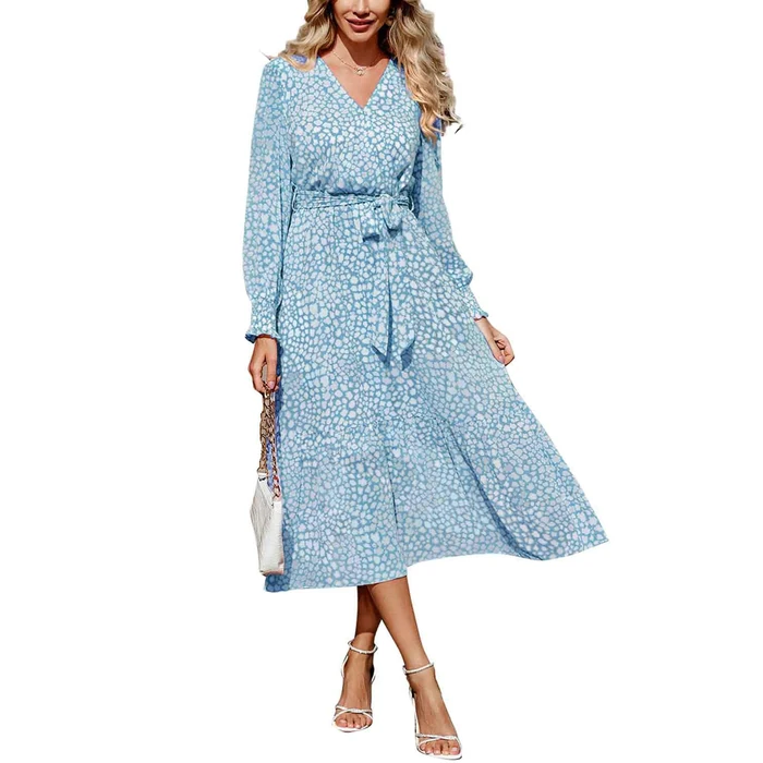 PRETTYGARDEN Women's Floral Boho Dress Fall Long Sleeve Wrap V Neck Ruffle Flowy Maxi Spring Wedding Guest Vacation Dresses (Dark Blue,Medium) by PRETTYGARDEN - Used - Like New condition - US$27.09