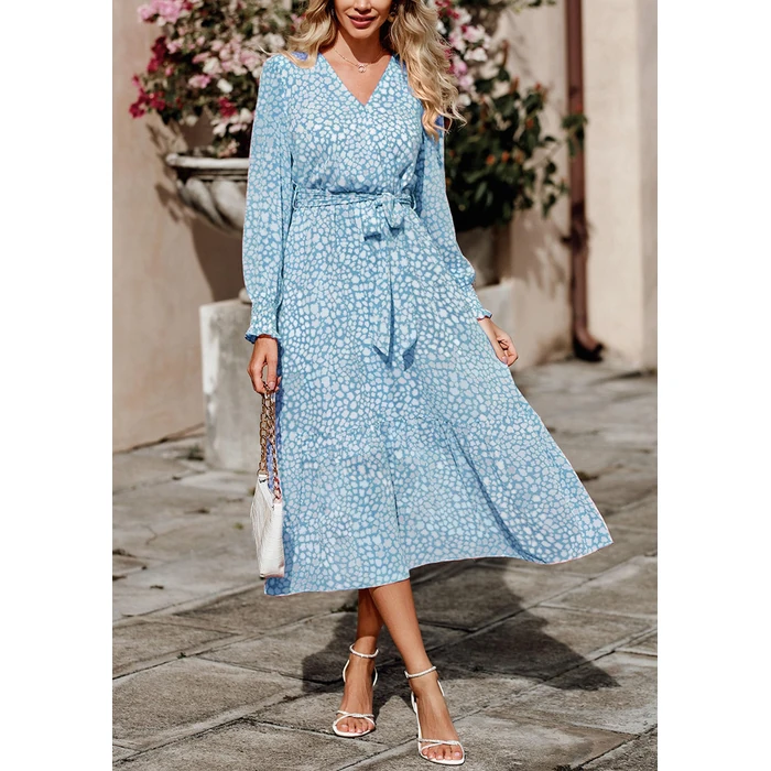 PRETTYGARDEN Women's Floral Boho Dress Fall Long Sleeve Wrap V Neck Ruffle Flowy Maxi Spring Wedding Guest Vacation Dresses (Dark Blue,Medium) by PRETTYGARDEN - Image 3