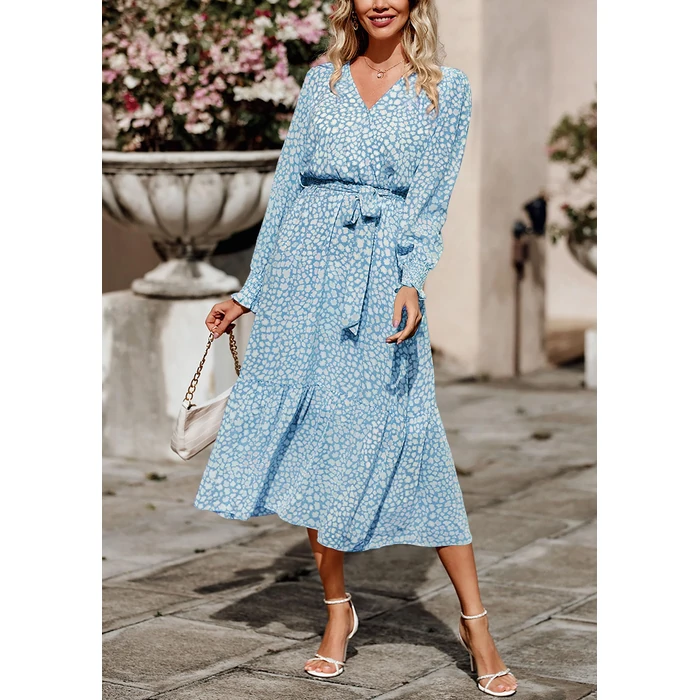 PRETTYGARDEN Women's Floral Boho Dress Fall Long Sleeve Wrap V Neck Ruffle Flowy Maxi Spring Wedding Guest Vacation Dresses (Dark Blue,Medium) by PRETTYGARDEN - Image 4