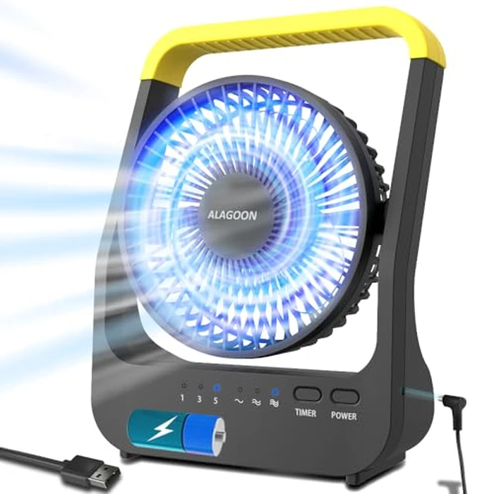 ALAGOON Portable Desk Fan, D Battery Operated Fan for Hurricane, Powered Fan by USB Cable 214H Long Lasting with Timer 6'' Portable for Outdoor Camping Quiet 3 Speeds for Office Bedroom by ALAGOON - Used - Like New condition