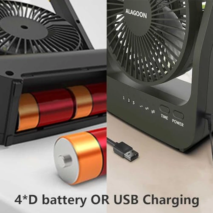 ALAGOON Portable Desk Fan, D Battery Operated Fan for Hurricane, Powered Fan by USB Cable 214H Long Lasting with Timer 6'' Portable for Outdoor Camping Quiet 3 Speeds for Office Bedroom by ALAGOON - Image 2