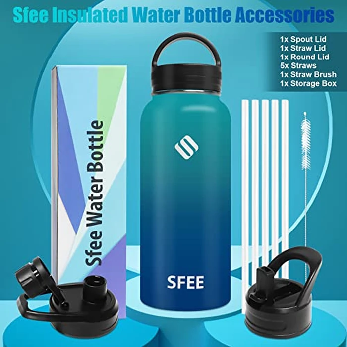 Sfee Insulated Water Bottle, 32 oz Stainless Steel Water Bottle with 5 Straws&3 Lids, Wide Mouth Double Wall Vacuum Metal Water Bottle Leak-Proof BPA Free Sports Water Bottle+ Cleaning Brush (BDblue) by Sfee - Image 2