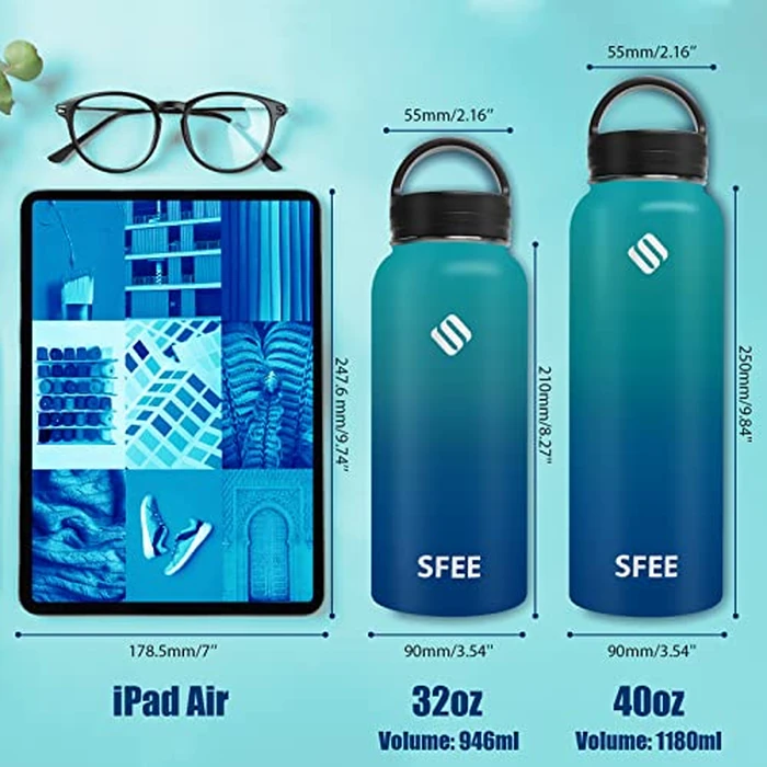 Sfee Insulated Water Bottle, 32 oz Stainless Steel Water Bottle with 5 Straws&3 Lids, Wide Mouth Double Wall Vacuum Metal Water Bottle Leak-Proof BPA Free Sports Water Bottle+ Cleaning Brush (BDblue) by Sfee - Image 3