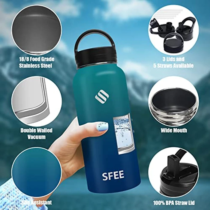 Sfee Insulated Water Bottle, 32 oz Stainless Steel Water Bottle with 5 Straws&3 Lids, Wide Mouth Double Wall Vacuum Metal Water Bottle Leak-Proof BPA Free Sports Water Bottle+ Cleaning Brush (BDblue) by Sfee - Image 4