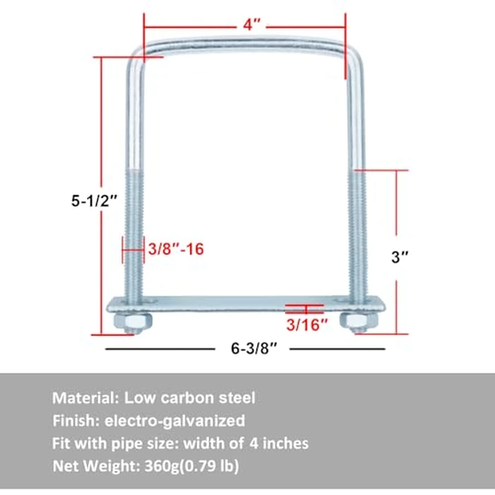 YIDU69Q 6 PCS 4 Inch Wide Square U-Bolts for Trailer, 3/8" x 4" x 5-1/2", Electro-Galvanized Steel by YIDU69Q - Image 2
