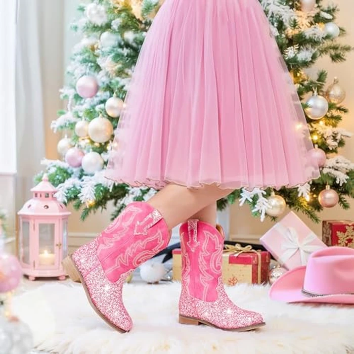 Motasha Girls Cowgirl Boots Glitter Toddler Girls Boots Pink Cowboy Boot for Girl Size 1 Little Big Kids Boot Western Riding Shoes Party Birthday (M7101 S R Pink 1) by Motasha - Image 2