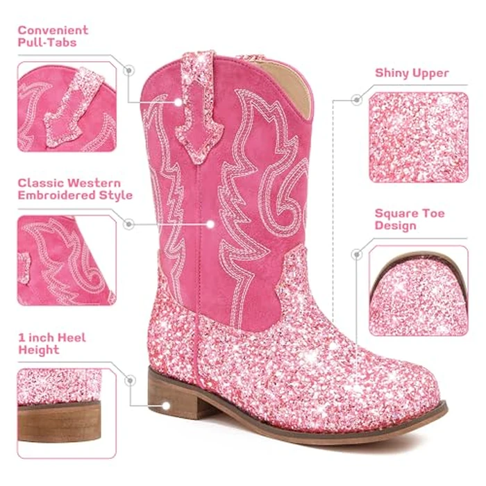 Motasha Girls Cowgirl Boots Glitter Toddler Girls Boots Pink Cowboy Boot for Girl Size 1 Little Big Kids Boot Western Riding Shoes Party Birthday (M7101 S R Pink 1) by Motasha - Image 4