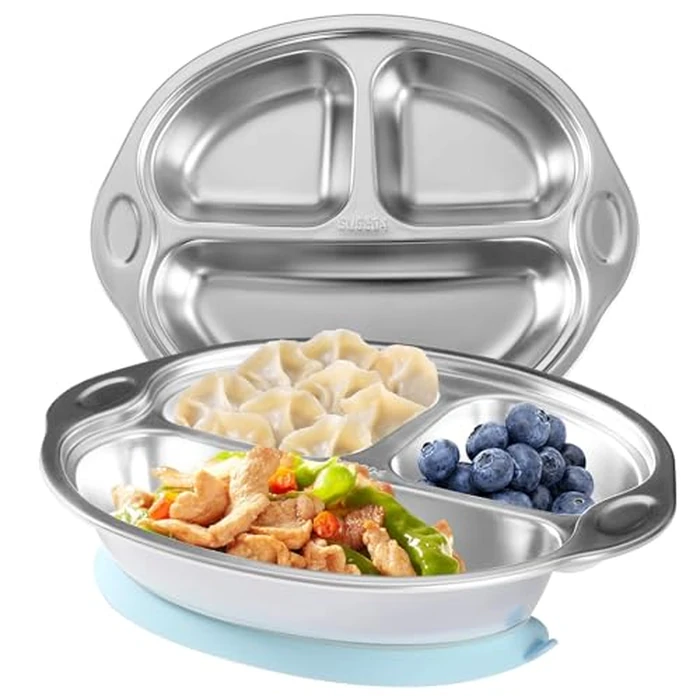 Mrs. Chou(R) BPA-Free 100% Food-Grade Stainless Steel Baby Plates with Suction Divided Designed for Babies and Toddlers, Ideal for Kids Infant Baby-Led Weaning Toddler Feeding Supplies Dishwasher Safe by Mrs. Chou - Image 1