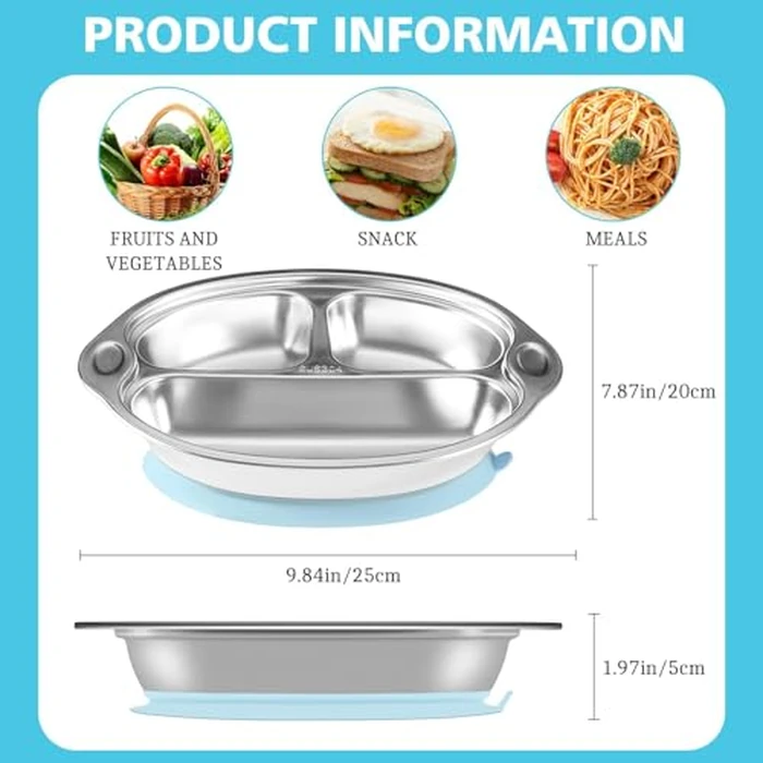 Mrs. Chou(R) BPA-Free 100% Food-Grade Stainless Steel Baby Plates with Suction Divided Designed for Babies and Toddlers, Ideal for Kids Infant Baby-Led Weaning Toddler Feeding Supplies Dishwasher Safe by Mrs. Chou - Image 4
