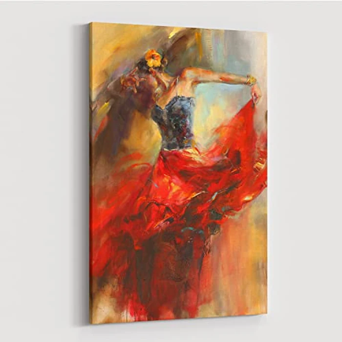 Flamenco Dancer Canvas Wall Art - Passionate Spanish Woman in Red Dress - Abstract Palette Knife Style Giclee Print - Modern Framed Artwork Ready to Hang for Living Room Bedroom Decor 20x30 by P&L ART. - Image 1