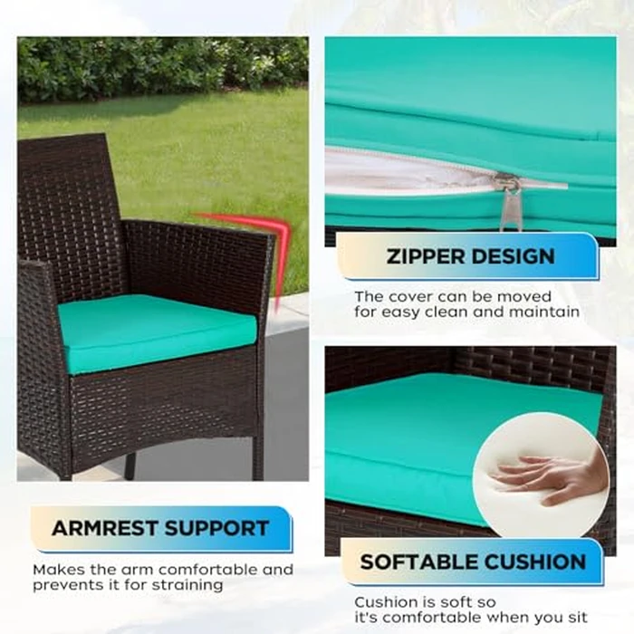 FDW | 3-Piece Patio Furniture Set | Brown & Blue | Outdoor Wicker Furniture with Coffee Table | Modern Rattan Chairs Conversation Set | Outdoor Seating | Weather-Resistant | for Porch, Garden, Lawn by FDW - Image 4