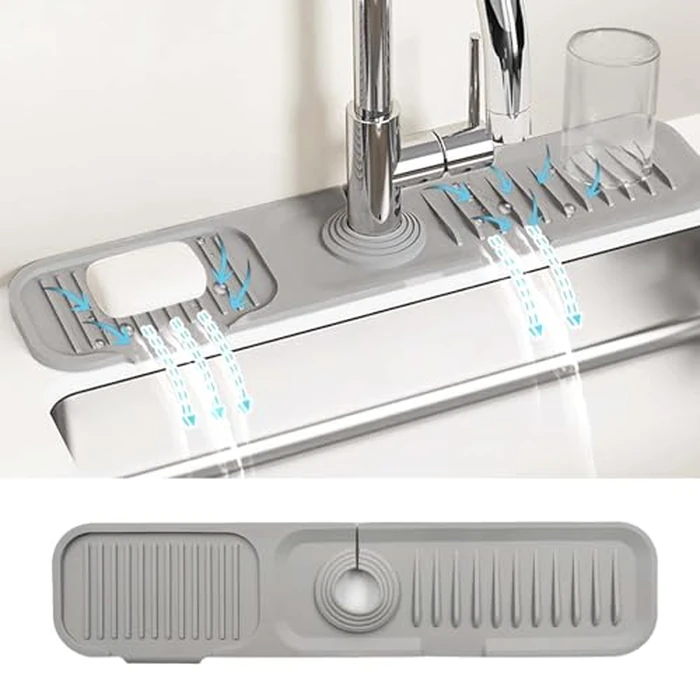 Daily Treasures 45 x 10 cm Splash Sink Guard,Narrow Rim Design Silicone Faucet Mat for Kitchen,5 degreesSlope Water Catcher Mat,Tidy Mat for Kitchen Sink Bathroom Counter Sink Accessories(Grey) by Daily Treasures - Image 1
