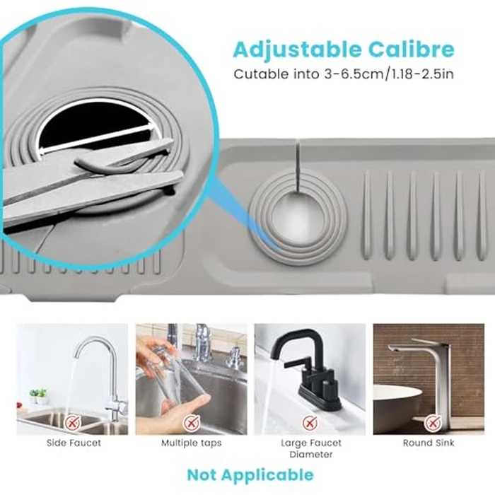 Daily Treasures 45 x 10 cm Splash Sink Guard,Narrow Rim Design Silicone Faucet Mat for Kitchen,5 degreesSlope Water Catcher Mat,Tidy Mat for Kitchen Sink Bathroom Counter Sink Accessories(Grey) by Daily Treasures - Image 3
