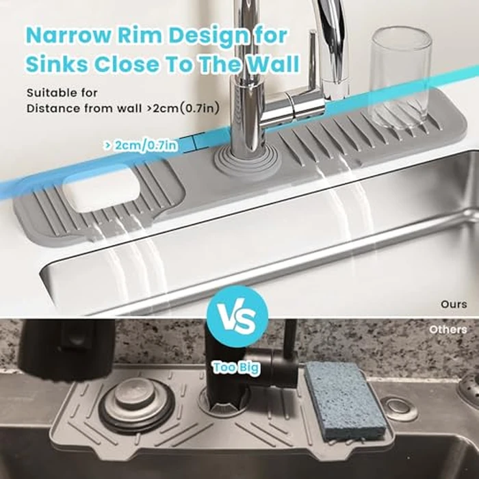 Daily Treasures 45 x 10 cm Splash Sink Guard,Narrow Rim Design Silicone Faucet Mat for Kitchen,5 degreesSlope Water Catcher Mat,Tidy Mat for Kitchen Sink Bathroom Counter Sink Accessories(Grey) by Daily Treasures - Image 5