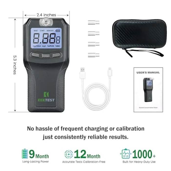 Breathalyzer, Alcohol Tester with Fuel Cell Sensor, Police-Grade Alcohol Breathalyzer Tester for Home Health Use, with 10 Mouthpieces (Black) by EEKTEST - Image 4