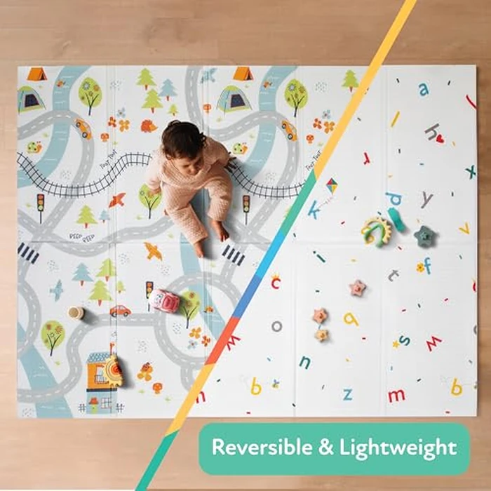 Nuby Reversible Baby Floor Mat - Foldable and Lightweight Foam Infant Play Mat - 77" x 58" - Easy Storage and Travel - Car Tracks/Alphabet by Nuby - Image 2