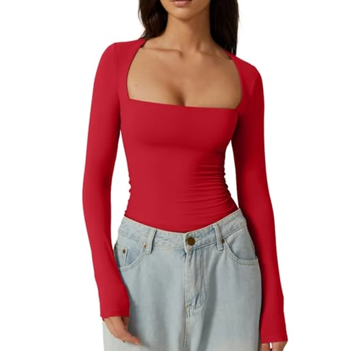 QINSEN Women's Square Neck T Shirt Slim Fit Long Sleeve Going Out Tops Stretchy Basic Tees Red S by QINSEN - Image 2