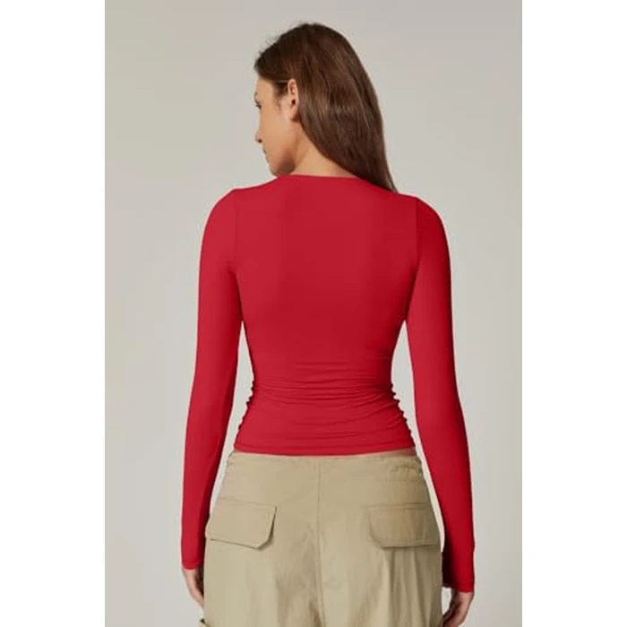QINSEN Women's Square Neck T Shirt Slim Fit Long Sleeve Going Out Tops Stretchy Basic Tees Red S by QINSEN - Image 5