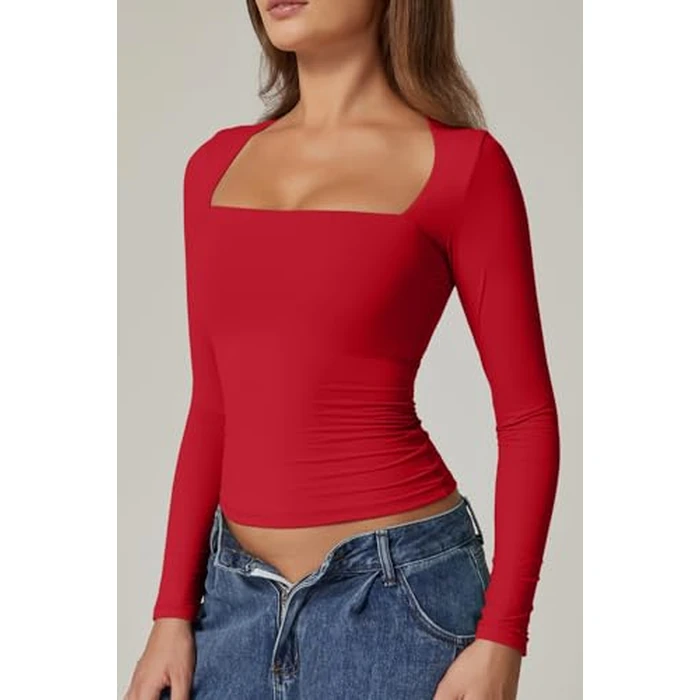 QINSEN Women's Square Neck T Shirt Slim Fit Long Sleeve Going Out Tops Stretchy Basic Tees Red S by QINSEN - Image 8