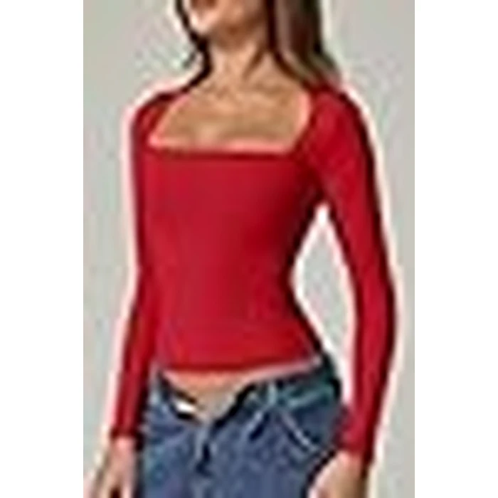 QINSEN Women's Square Neck T Shirt Slim Fit Long Sleeve Going Out Tops Stretchy Basic Tees Red S by QINSEN - Image 9