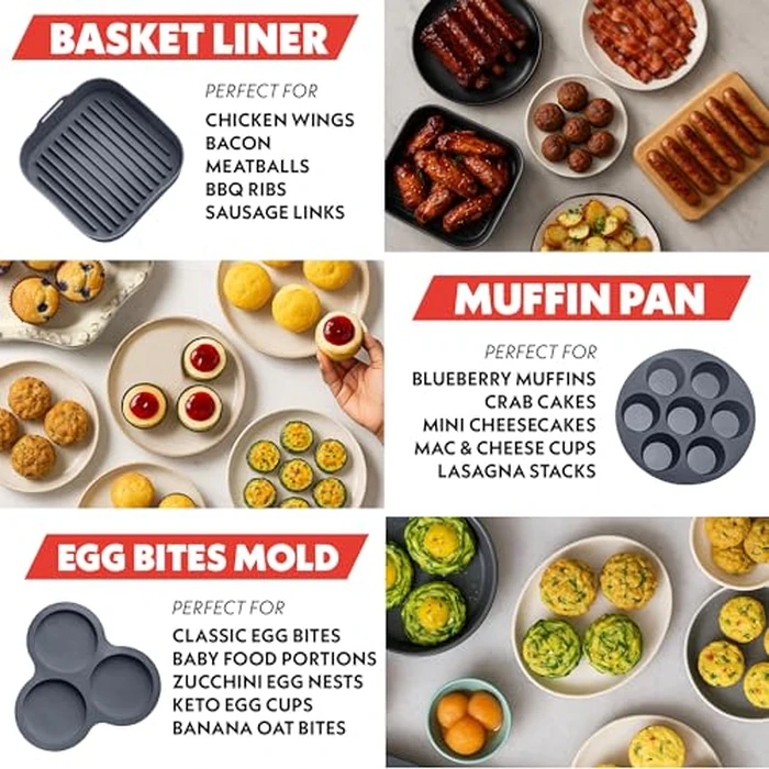 Gourmia Air Fryer Accessories Set - 3 Piece Silicone, Liner, Egg Bite Cooker, 7-Hole Cupcake Mold, BPA-Free, Nonstick, Heat Resistant 445 degreesF, Dishwasher Safe, Food Grade by Gourmia - Image 2