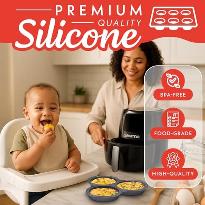 Gourmia Air Fryer Accessories Set - 3 Piece Silicone, Liner, Egg Bite Cooker, 7-Hole Cupcake Mold, BPA-Free, Nonstick, Heat Resistant 445 degreesF, Dishwasher Safe, Food Grade by Gourmia - Image 3