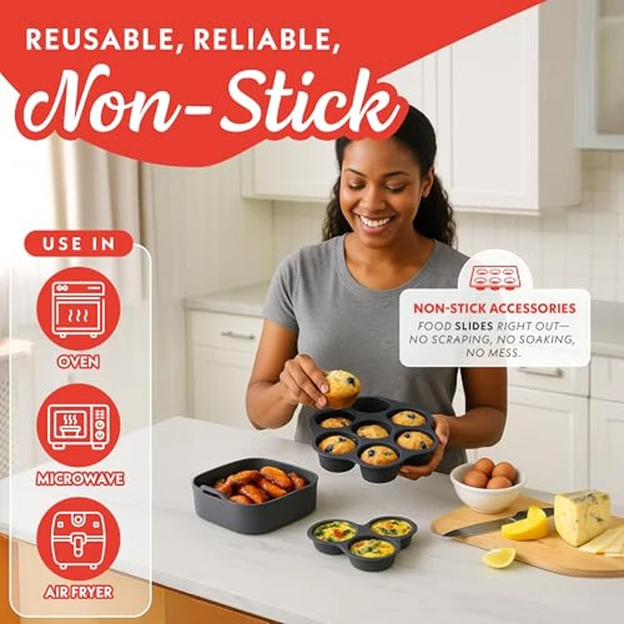 Gourmia Air Fryer Accessories Set - 3 Piece Silicone, Liner, Egg Bite Cooker, 7-Hole Cupcake Mold, BPA-Free, Nonstick, Heat Resistant 445 degreesF, Dishwasher Safe, Food Grade by Gourmia - Image 6