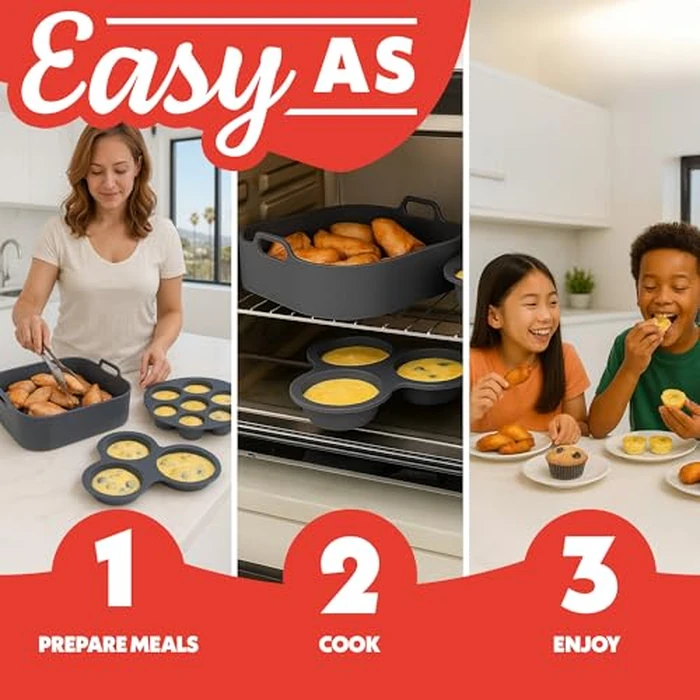 Gourmia Air Fryer Accessories Set - 3 Piece Silicone, Liner, Egg Bite Cooker, 7-Hole Cupcake Mold, BPA-Free, Nonstick, Heat Resistant 445 degreesF, Dishwasher Safe, Food Grade by Gourmia - Image 9