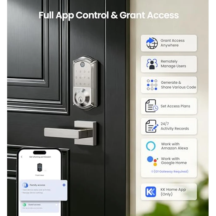 Veise VE017 Fingerprint Smart Door Lock, App Control, 8-in-1 Keyless Entry, Auto Lock, Emergency Power Port, Electronic Touchscreen Keypad, Biometric Smart Locks for Front Door, Satin Nickel by Veise - Used - Acceptable condition - US$40.67