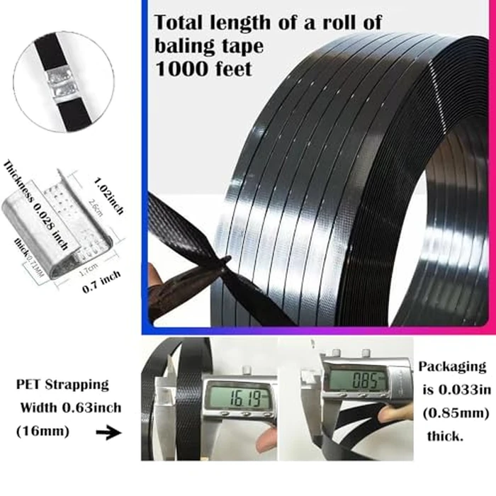 Packaging Strapping Banding Coil 1000ft x5/8’’x 0.035" PET Strapping Roll 1500lb Heavy Duty Industrial Strength Rust-Resistant Black Plasitc Polyester Pallet Strapping & 100 Buckles by XUDAUP - Image 3