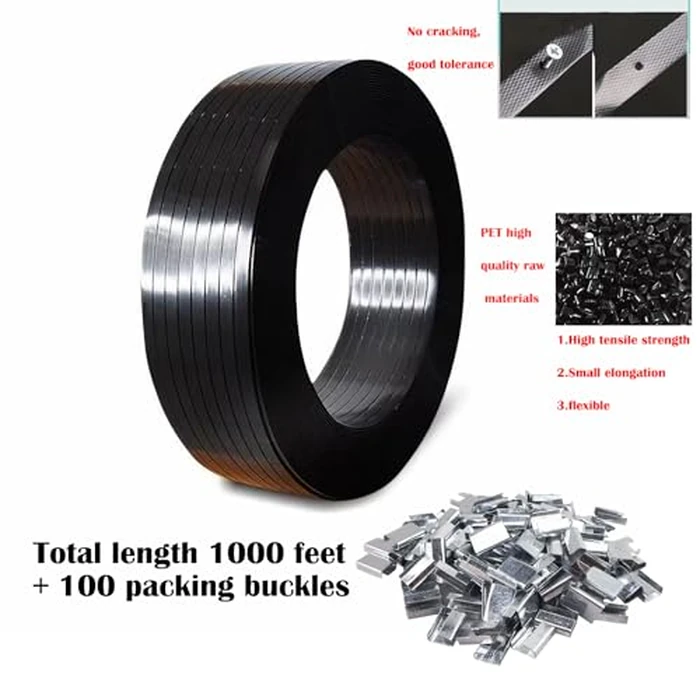 Packaging Strapping Banding Coil 1000ft x5/8’’x 0.035" PET Strapping Roll 1500lb Heavy Duty Industrial Strength Rust-Resistant Black Plasitc Polyester Pallet Strapping & 100 Buckles by XUDAUP - Image 5