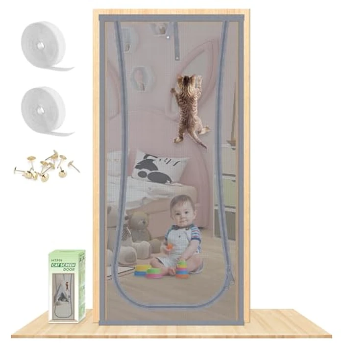 Reinforced Cat Screen Door, Fits Door Size 36''x 80'' Heavy Duty Pets Proof Screen Door with Bilateral Zipper, Prevent Dogs Cats Running Out from Home, Bedroom,Living Room by MYPIN - Image 1