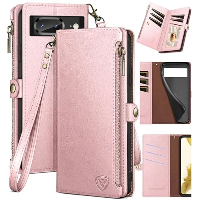 XcaseBar for Google Pixel 8 Wallet case with Zipper Credit Card Holder RFID Blocking, Flip Folio Book PU Leather Phone case Shockproof Cover Women Men for Pixel 8 case Rose Gold by XcaseBar - Image 1