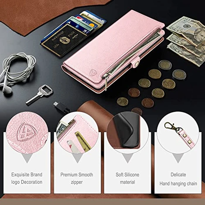 XcaseBar for Google Pixel 8 Wallet case with Zipper Credit Card Holder RFID Blocking, Flip Folio Book PU Leather Phone case Shockproof Cover Women Men for Pixel 8 case Rose Gold by XcaseBar - Image 6