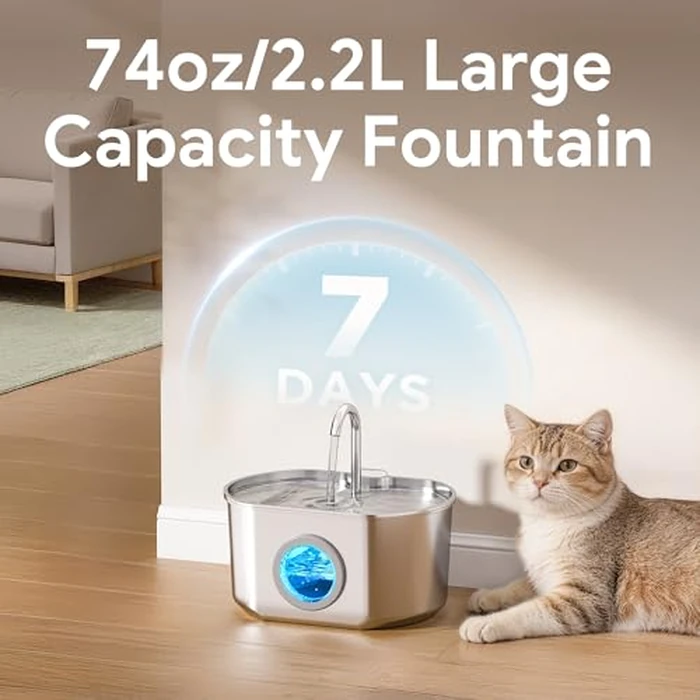 Cat Water Fountain Stainless Steel: 73oz/2.2L Cat Fountain for Drinking- Pet Water Fountain Inside - Automatic Dog Watering Dispenser Bowl - Pet Feeding & Watering Supplies by Neareal - Image 5