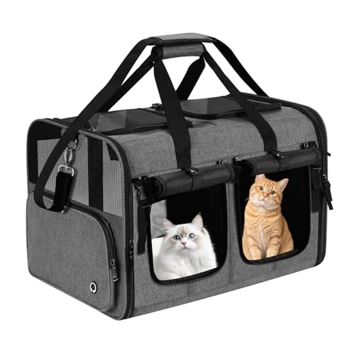 Cat Carrier for 2 Cats, Foldable Double Cat and Dog Carrier, Small to Medium Size, 2 Front Zippered Compartments,Two Pets Carrier for Outdoor Travel,Mulitple Cat Carrier (Gray with Big Pocket, Large) by Groxkox - Used - Like New condition - CA$63.83