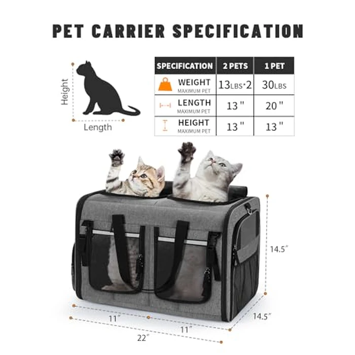 Cat Carrier for 2 Cats, Foldable Double Cat and Dog Carrier, Small to Medium Size, 2 Front Zippered Compartments,Two Pets Carrier for Outdoor Travel,Mulitple Cat Carrier (Gray with Big Pocket, Large) by Groxkox - Image 2