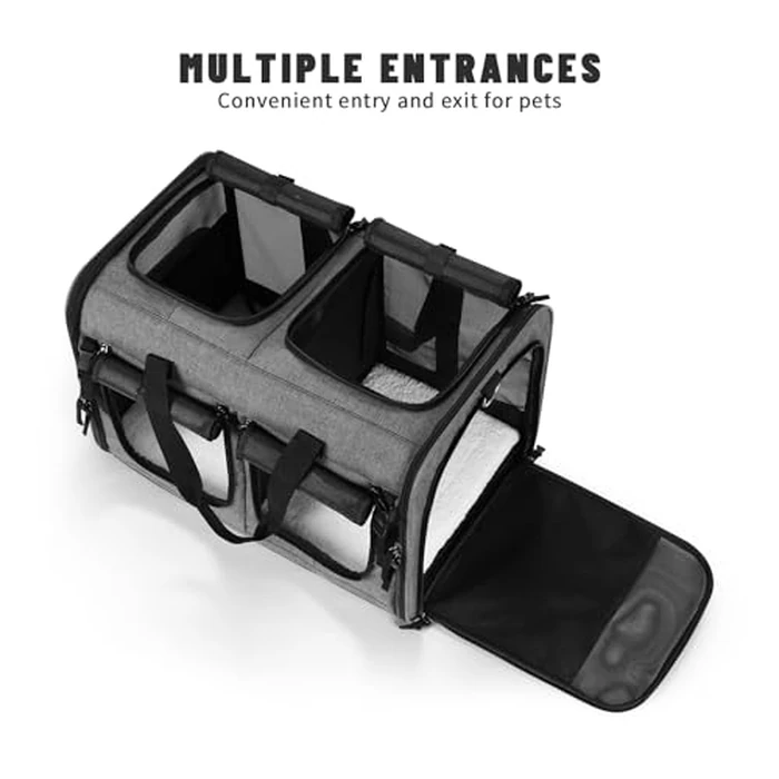 Cat Carrier for 2 Cats, Foldable Double Cat and Dog Carrier, Small to Medium Size, 2 Front Zippered Compartments,Two Pets Carrier for Outdoor Travel,Mulitple Cat Carrier (Gray with Big Pocket, Large) by Groxkox - Image 4