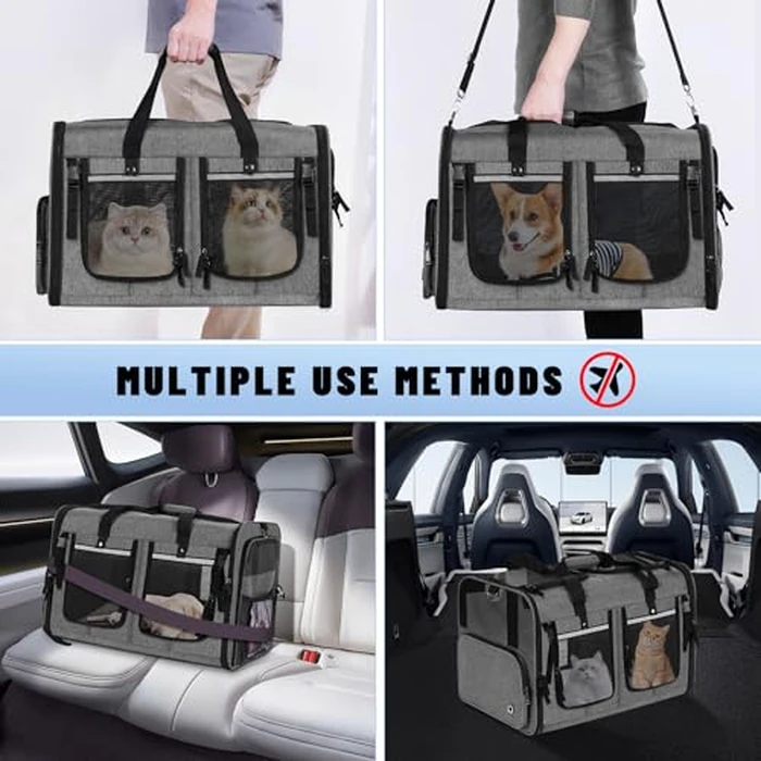 Cat Carrier for 2 Cats, Foldable Double Cat and Dog Carrier, Small to Medium Size, 2 Front Zippered Compartments,Two Pets Carrier for Outdoor Travel,Mulitple Cat Carrier (Gray with Big Pocket, Large) by Groxkox - Image 6
