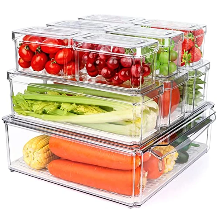 10 Pack Refrigerator Pantry Organizer Bins, Stackable Fridge Organizer Bins with Lids, Clear Plastic Food Storage Bins for Kitchen, Countertops, Cabinets, Fridge, Drinks, Fruits, Vegetable, Cereals by YKIOKE - Used - Like New condition