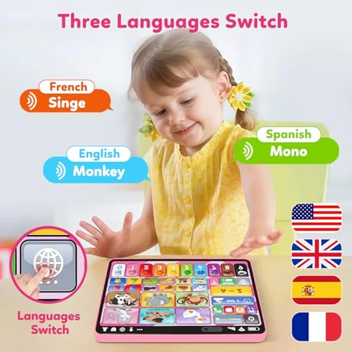 Trilingual Learning Toy Tablet with Music & Sound, Montessori Speech Therapy Toys for 1 Year Old Girl Boy Musical Baby Toy 12-18 Months Toddler Girl Toys Age 1-2 2-3 Birthday Gifts (Pink) by Peacurh - Image 4