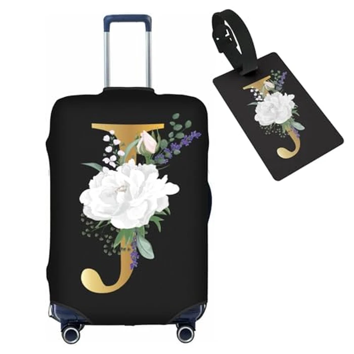 HAUYE Flower Letter J Black Luggage Cover with Luggage Tag Elastic Washable Stretch Suitcase Protector Anti-Scratch Travel Suitcase Cover for Kid and Adult M (for 22-24 inch suitcase) by HAUYE - Used - Like New condition - US$18.20